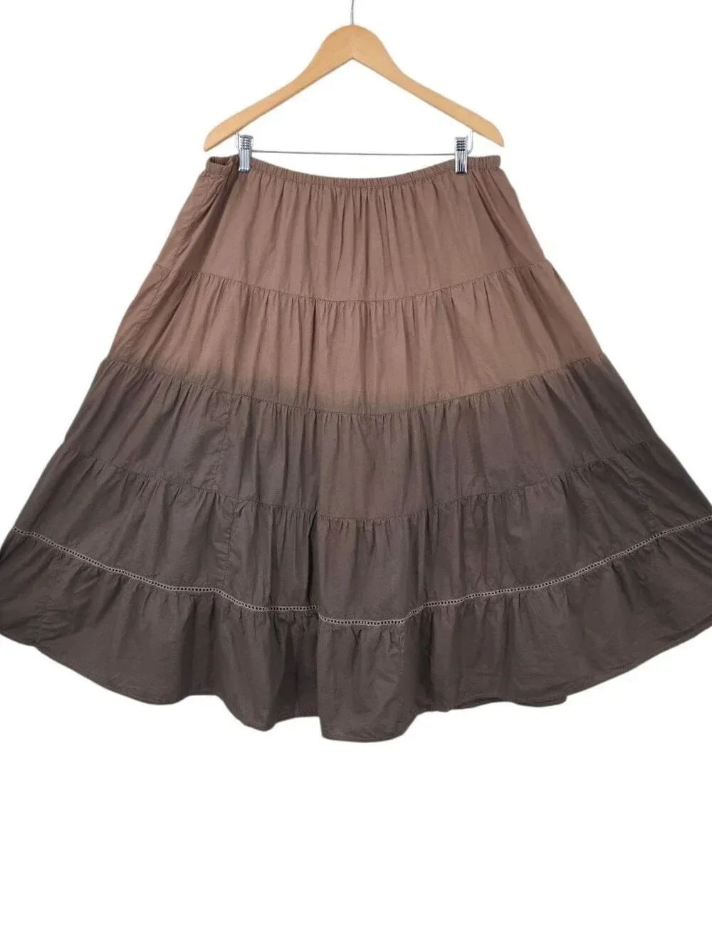 Vintage Cotton Tiered Ombre Chocolate Brown Maxi Skirt Boho Witchy